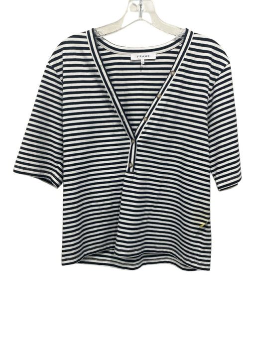 Frame Size Large Navy & white Cotton Blend Short Sleeve Striped Half Button Top Navy & white / Large