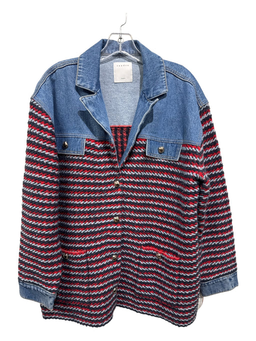 Sandro Size 3 Blue & Red Cotton Wool Blend Stripe Fabric Block Buttons Jacket Blue & Red / 3