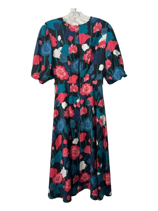 Kate Spade Size 00 Black, Pink, Teal Silk Floral Round Neck Midi Dress Black, Pink, Teal / 00