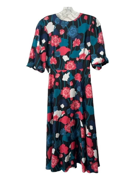 Kate Spade Size 00 Black, Pink, Teal Silk Floral Round Neck Midi Dress Black, Pink, Teal / 00