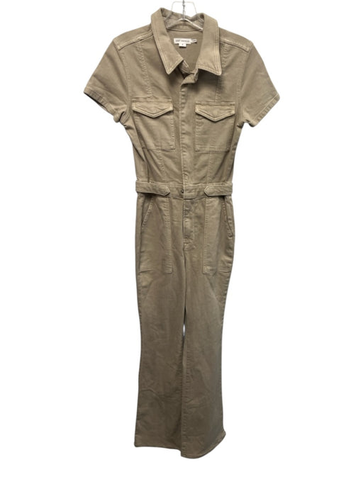 Good American Size S Khaki Beige Cotton Blend Denim Zip Front Boot Cut Jumpsuit Khaki Beige / S