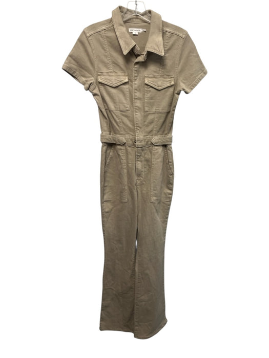 Good American Size S Khaki Beige Cotton Blend Denim Zip Front Boot Cut Jumpsuit Khaki Beige / S