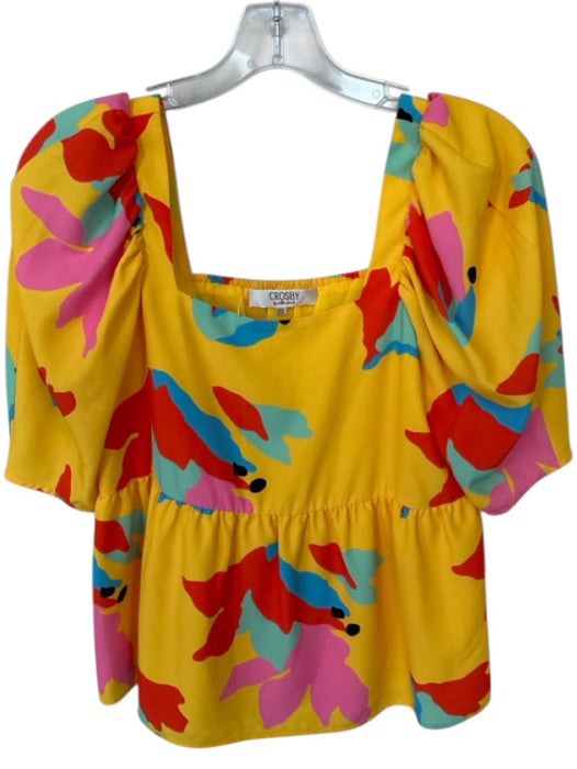 Crosby Size XS Yellow Polyester Blend Bubble Sleeve Cropped Square Neck Top Yellow / XS