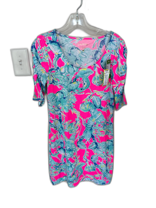 Lily Pulitzer Size S Pink & Aqua Cotton Abstract Floral Mini 3/4 Sleeve Dress Pink & Aqua / S