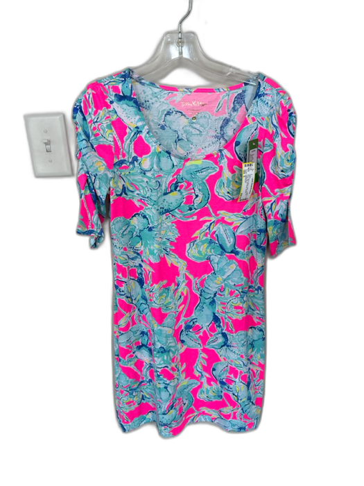 Lily Pulitzer Size S Pink & Aqua Cotton Abstract Floral Mini 3/4 Sleeve Dress Pink & Aqua / S