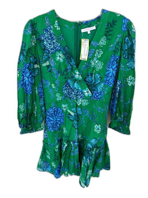 Olivaceous Size M Green & Blue Cotton Long Sleeve Botanical Back Zip Dress Green & Blue / M