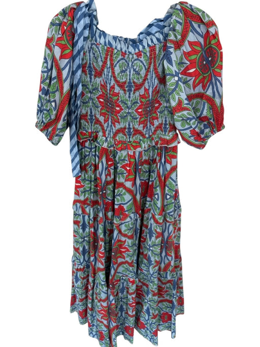 Mulberry & King Size S Blue & Red Cotton 3/4 Balloon Sleeve Flowers Maxi Dress Blue & Red / S