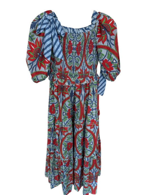 Mulberry & King Size S Blue & Red Cotton 3/4 Balloon Sleeve Flowers Maxi Dress Blue & Red / S