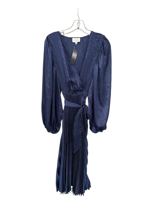 Aura Size XS Navy Polyester Long Balloon Sleeve Acordian Pleated Maxi Dress Navy / XS