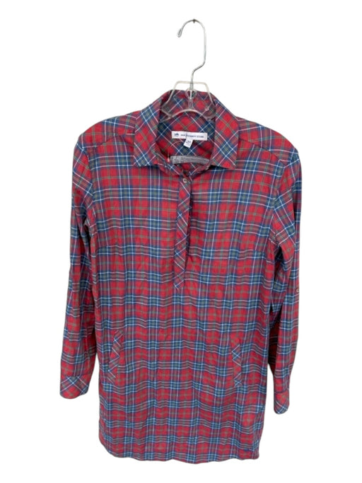 Southern Tide Size XS Red & Navy Cotton Long Sleeve Plaid Collar Buttons Dress Red & Navy / XS