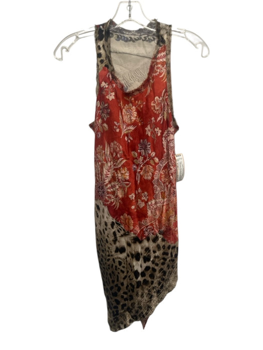 Roberto Cavalli Size S / 42 Brown, Red, White Silk Raw Hem Asymmetric Dress Brown, Red, White / S / 42
