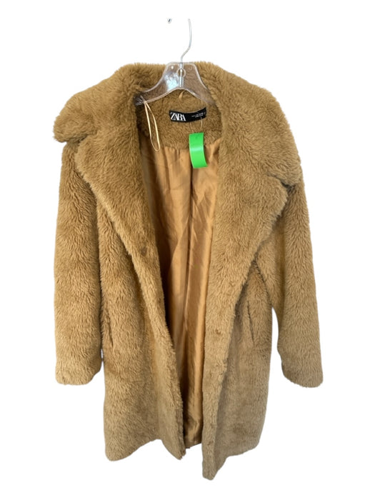 Zara Size L Camel Faux Fur Collar Full Length Coat Camel / L