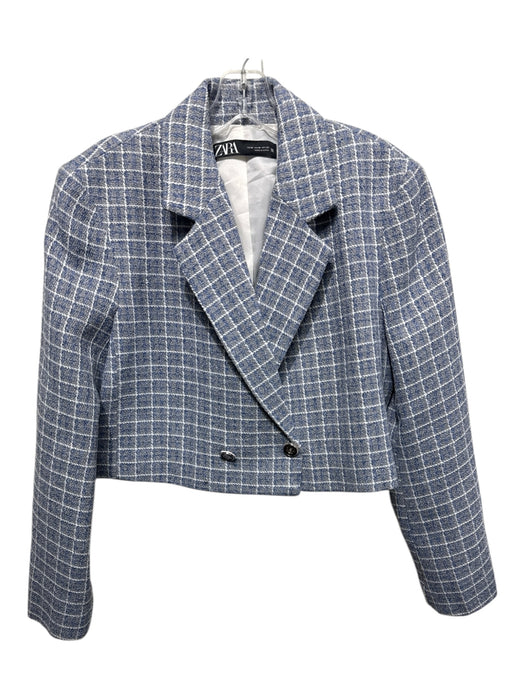 Zara Size M Blue & White Polyester Tweed Crop 1 Button Blazer Jacket Blue & White / M