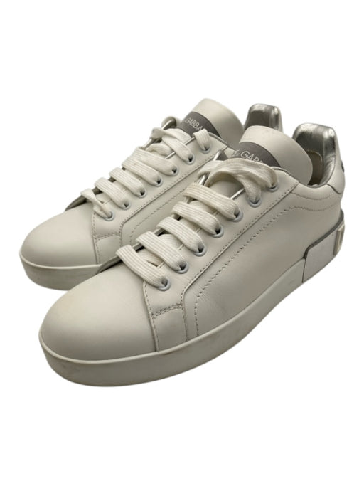 Dolce & Gabbana Shoe Size 39 White & Silver Leather Lace Up Sneaker Logo Shoes White & Silver / 39
