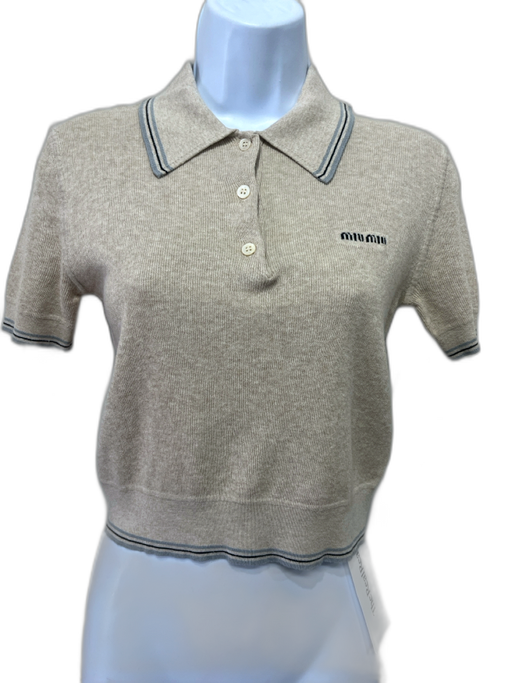 Miu Miu Size 36 Beige Cotton Blend 1/4 Button Collared Knit short sleeve Top Beige / 36