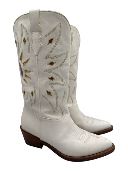 Partlow Shoe Size 37 White Leather Metallic Stacked Block Heel Pointed Toe Boots White / 37