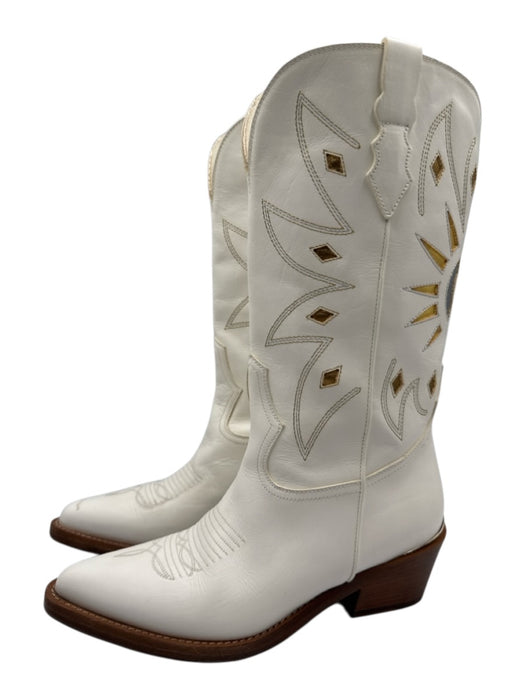 Partlow Shoe Size 37 White Leather Metallic Stacked Block Heel Pointed Toe Boots White / 37