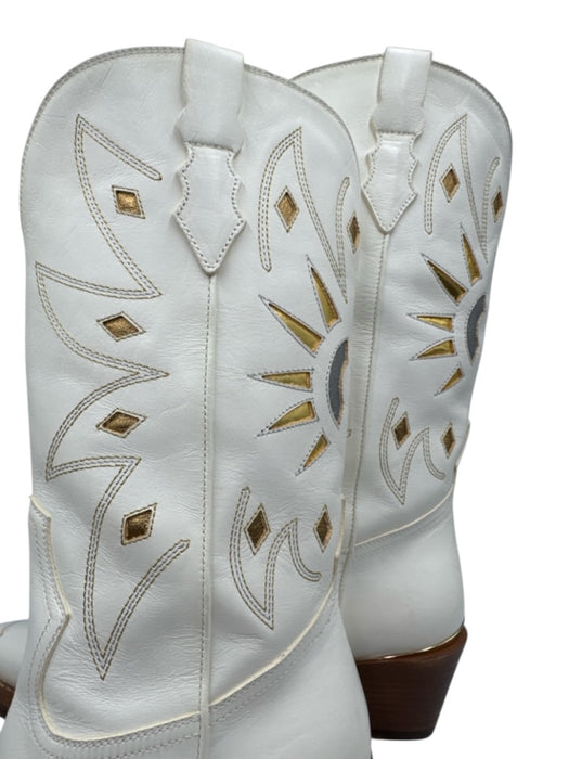 Partlow Shoe Size 37 White Leather Metallic Stacked Block Heel Pointed Toe Boots White / 37