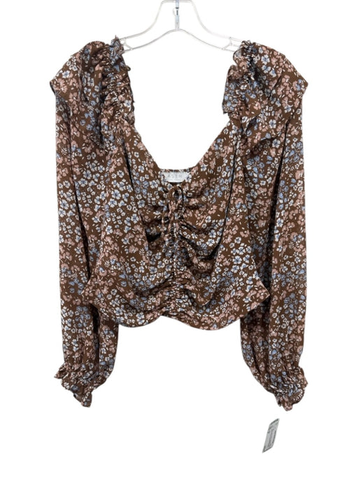 ASTR Size M Brown, Blue & White Polyester Long Balloon Sleeve Floral Top Brown, Blue & White / M