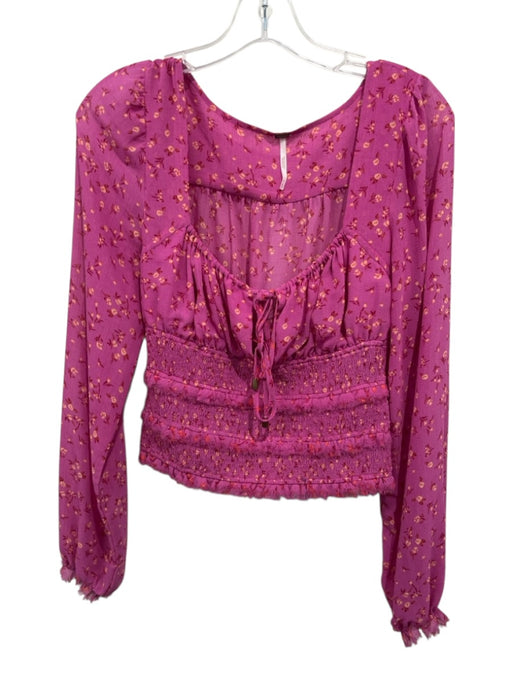 Free People Size XS Pink, Yellow & red Polyester Long Sleeve Floral Keyhole Top Pink, Yellow & red / XS