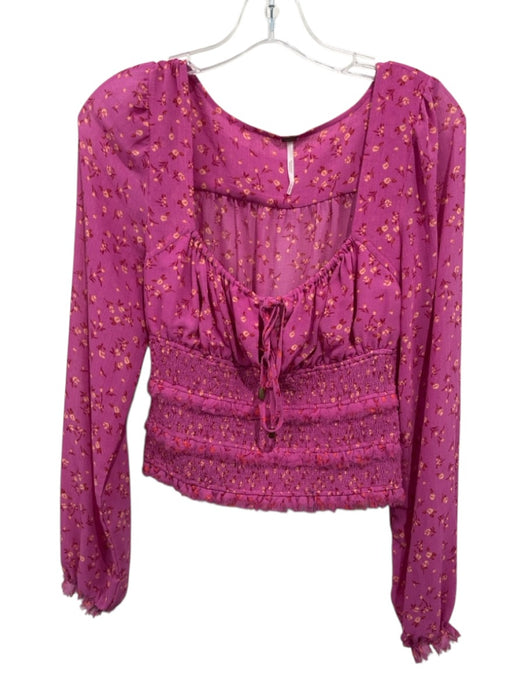 Free People Size XS Pink, Yellow & red Polyester Long Sleeve Floral Keyhole Top Pink, Yellow & red / XS