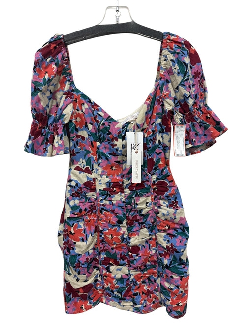 Oliviaceous Size S Blue, Orange & Pink Linen Blend Off Shoulder Ruched Dress Blue, Orange & Pink / S