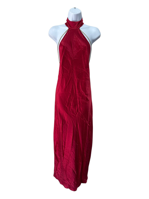 Savannah Morrow Size S Red Silk Halter Chain Detail Mock Neck Maxi Dress Red / S