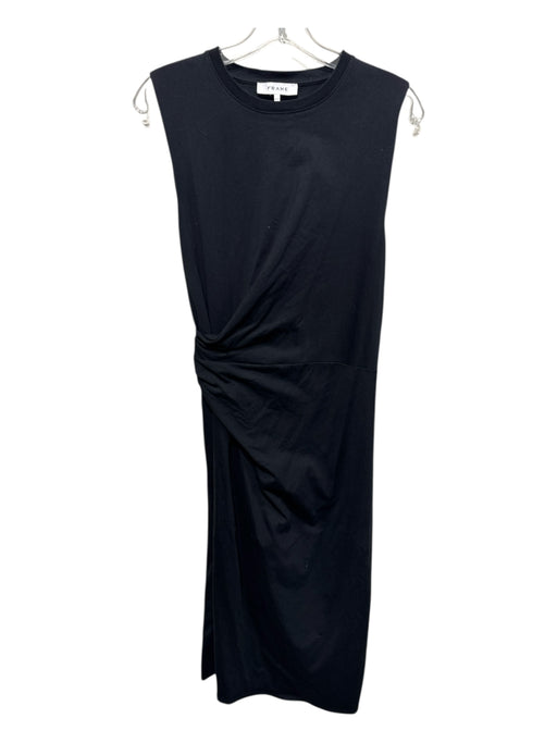 Frame Size M Black Cotton Sleeveless Crew Neck Side Ruching Side Slit Dress Black / M