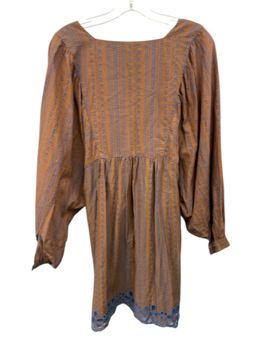 Joie Size Large Blue & Orange Linen Blend Long puff sleeve Abstract Print Dress Blue & Orange / Large