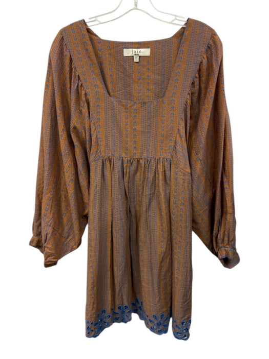 Joie Size Large Blue & Orange Linen Blend Long puff sleeve Abstract Print Dress Blue & Orange / Large
