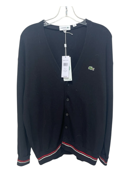 Lacoste Size L Black Cotton Pique Varsity Stripe V Neck Button Front Cardigan Black / L