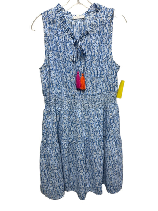 THML Size M Blue & White Polyester Abstract Print Sleeveless Tie V Neck Dress Blue & White / M