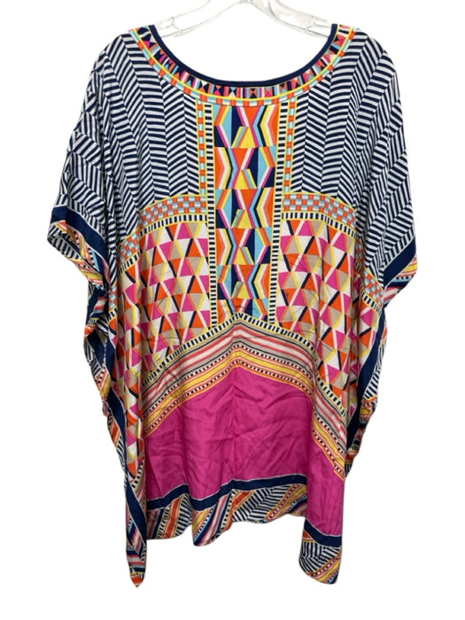 Trina Turk Size M/L navy blue & multi Silk Short Sleeve Notch Neck Kaftan Dress navy blue & multi / M/L