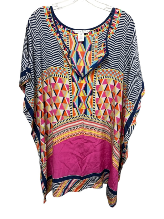 Trina Turk Size M/L navy blue & multi Silk Short Sleeve Notch Neck Kaftan Dress navy blue & multi / M/L