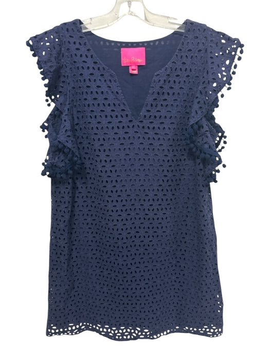 Lilly Pulitzer Size L Navy Blue Cotton Eyelet Lace Flutter Sleeve Pom Pom Dress Navy Blue / L