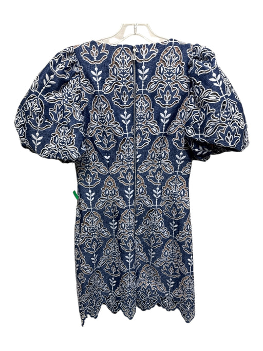 Elliatt Size S Blue & White Polyester Back Zip Puff Sleeves Denim Lace Dress Blue & White / S