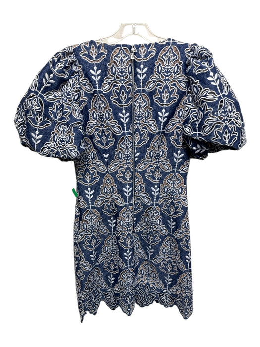 Elliatt Size S Blue & White Polyester Back Zip Puff Sleeves Denim Lace Dress Blue & White / S