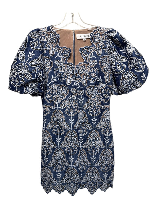 Elliatt Size S Blue & White Polyester Back Zip Puff Sleeves Denim Lace Dress Blue & White / S