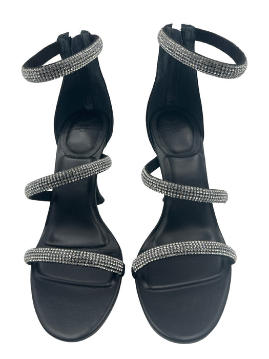 Marc Fisher Shoe Size 7 Black & Silver Leather open toe 3 Strap Rhinestone Pumps Black & Silver / 7