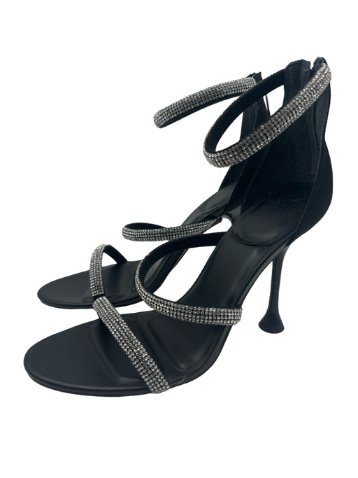 Marc Fisher Shoe Size 8.5 Black & Silver Leather open toe 3 Strap Back Zip Pumps Black & Silver / 8.5
