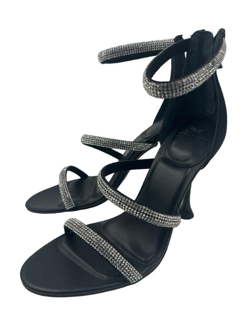 Marc Fisher Shoe Size 7.5 Black & Silver Leather open toe 3 Strap Back Zip Pumps Black & Silver / 7.5
