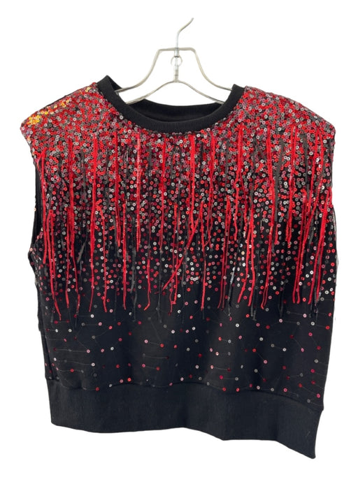 Queen of Sparkles Size L Black & Red Cotton Sequins Fringe Cap Sleeve Top Black & Red / L