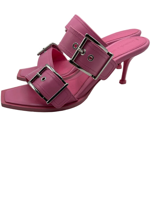 Alexander McQueen Shoe Size 37.5 Pink Leather Two Strap Buckles Mid Heel Mules