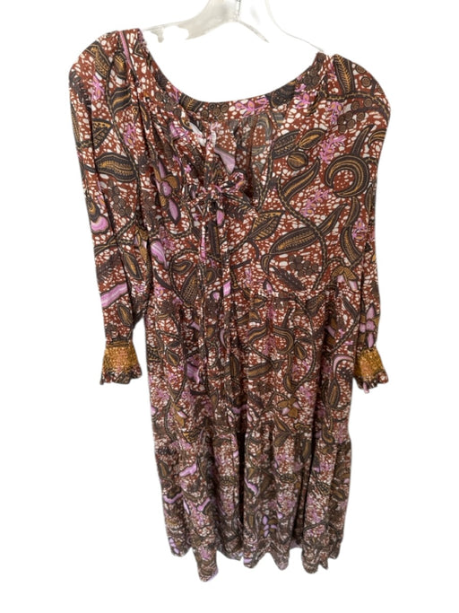 XiRENA Size M Brown & Purple Cotton Long Sleeve Botanical Belted V Neck Dress Brown & Purple / M