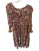 XiRENA Size M Brown & Purple Cotton Long Sleeve Botanical Belted V Neck Dress Brown & Purple / M