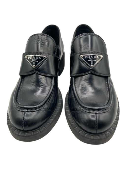 Prada Shoe Size 37.5 Black Leather Rubber Sole Triangle Logo Block heel Loafers Black / 37.5