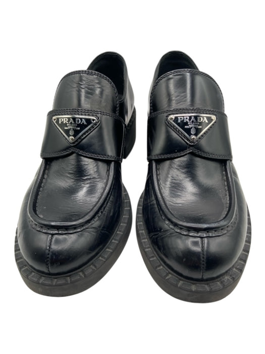 Prada Shoe Size 37.5 Black Leather Rubber Sole Triangle Logo Block heel Loafers Black / 37.5