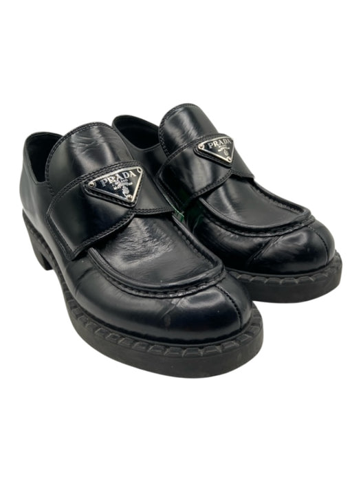 Prada Shoe Size 37.5 Black Leather Rubber Sole Triangle Logo Block heel Loafers Black / 37.5