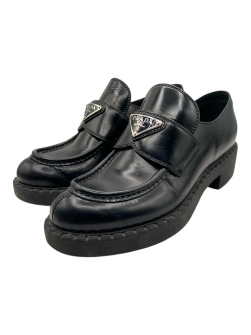Prada Shoe Size 37.5 Black Leather Rubber Sole Triangle Logo Block heel Loafers Black / 37.5
