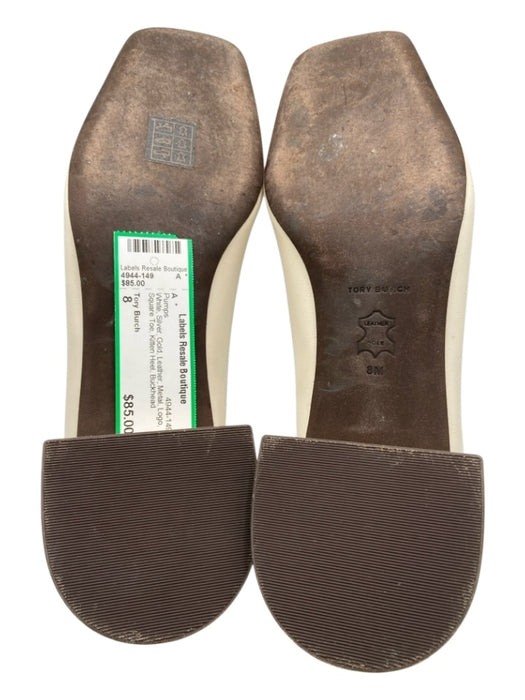 Tory Burch Shoe Size 8 White, Silver, Gold Leather Metal Logo Square Toe Pumps White, Silver, Gold / 8